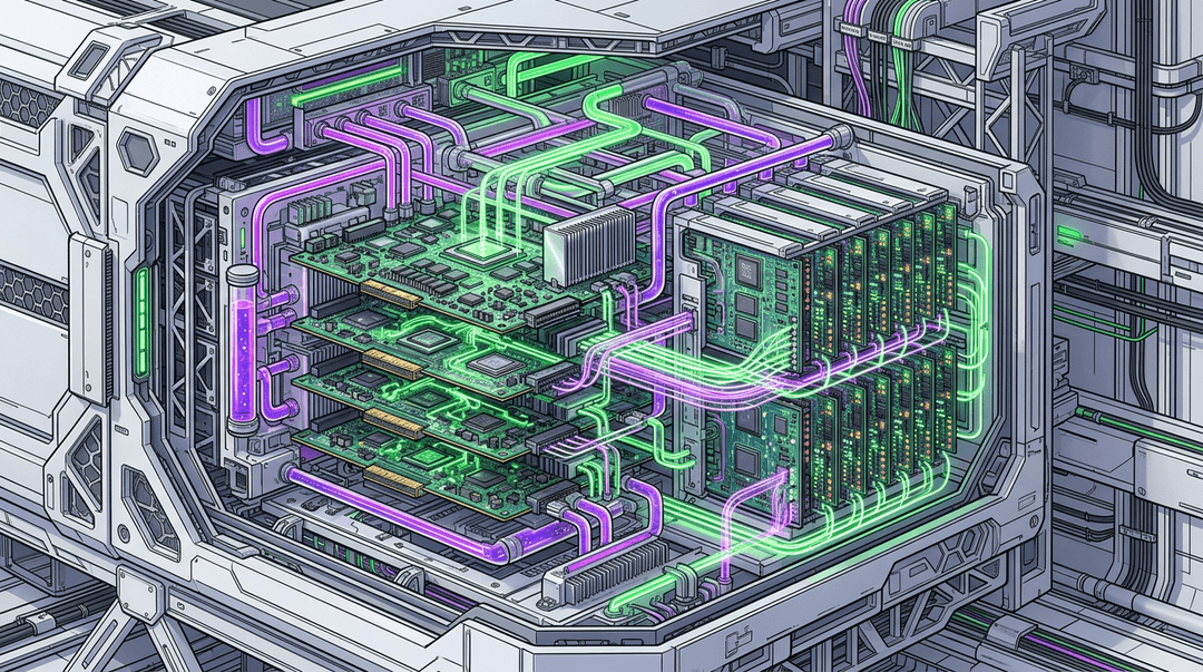 AI supercomputer core with neon green and purple data pathways